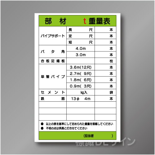 WF18　硬質樹脂製　　「部材重量表」　900×600㎜