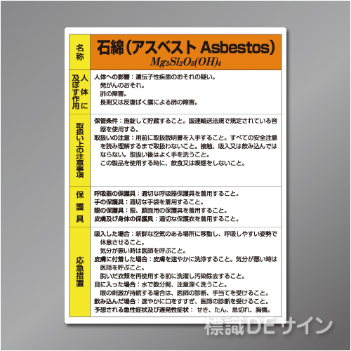 特定化学物質標識　　石綿(アスベスト)　　硬質樹脂製　　600×450㎜