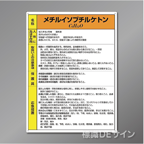 特定化学物質標識　　メチルイソブチルケトン　硬質樹脂製　　600×450㎜