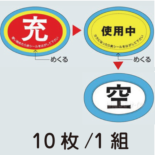 322-06　ボンベ保管用ステッカー「充→使用中→空」　10枚/1組