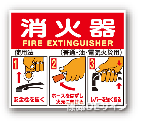 E157　硬質樹脂製　 　　　「消火器の使用法標識」　　　225×260㎜
